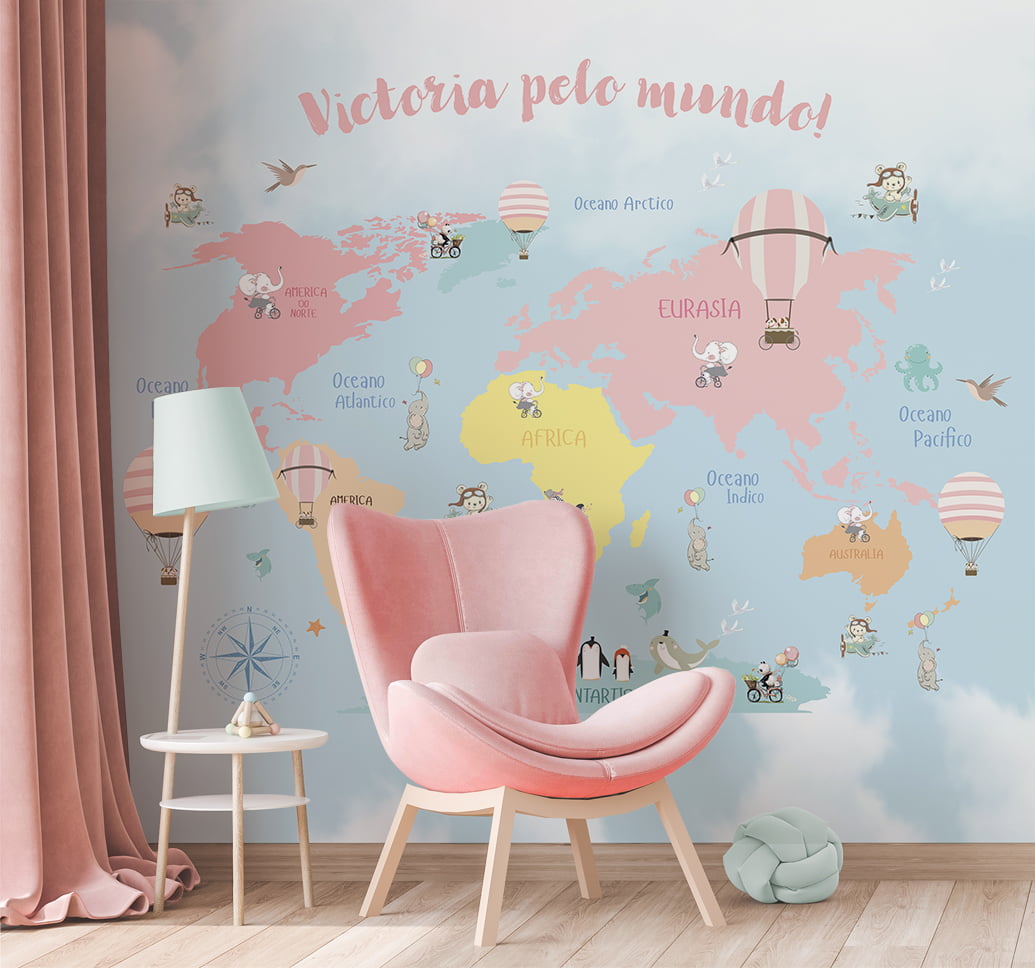 Papel de Parede quarto de bebê mapa mundial safari infantil - VR662