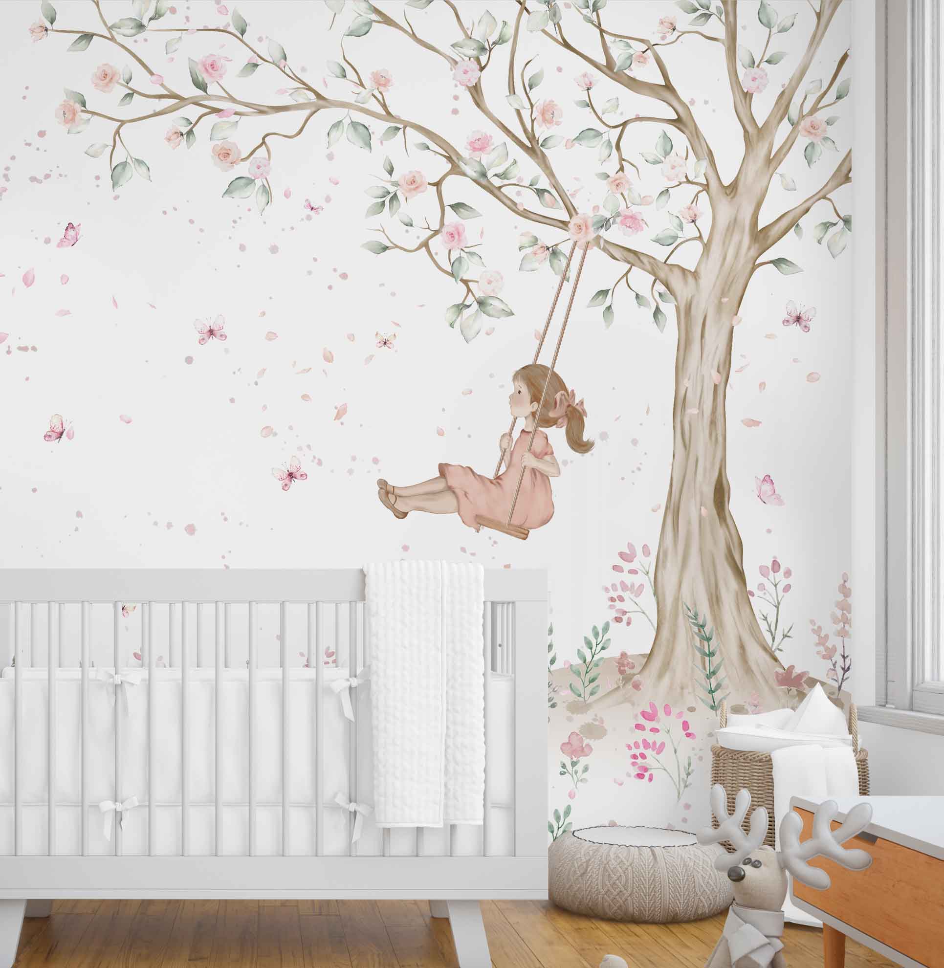 Papel de parede para quarto de bebê infantil menina no balanço