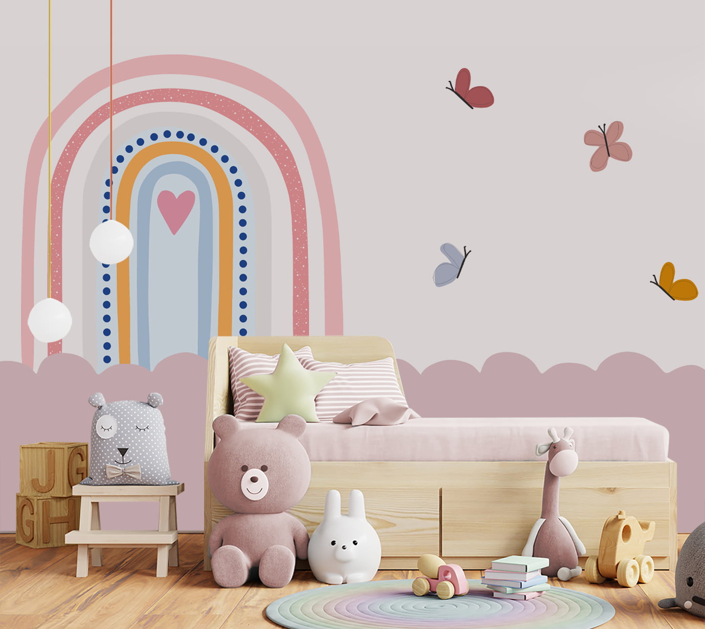 Papel de parede Arco Íris e Borboletas Infantil menina - VR569
