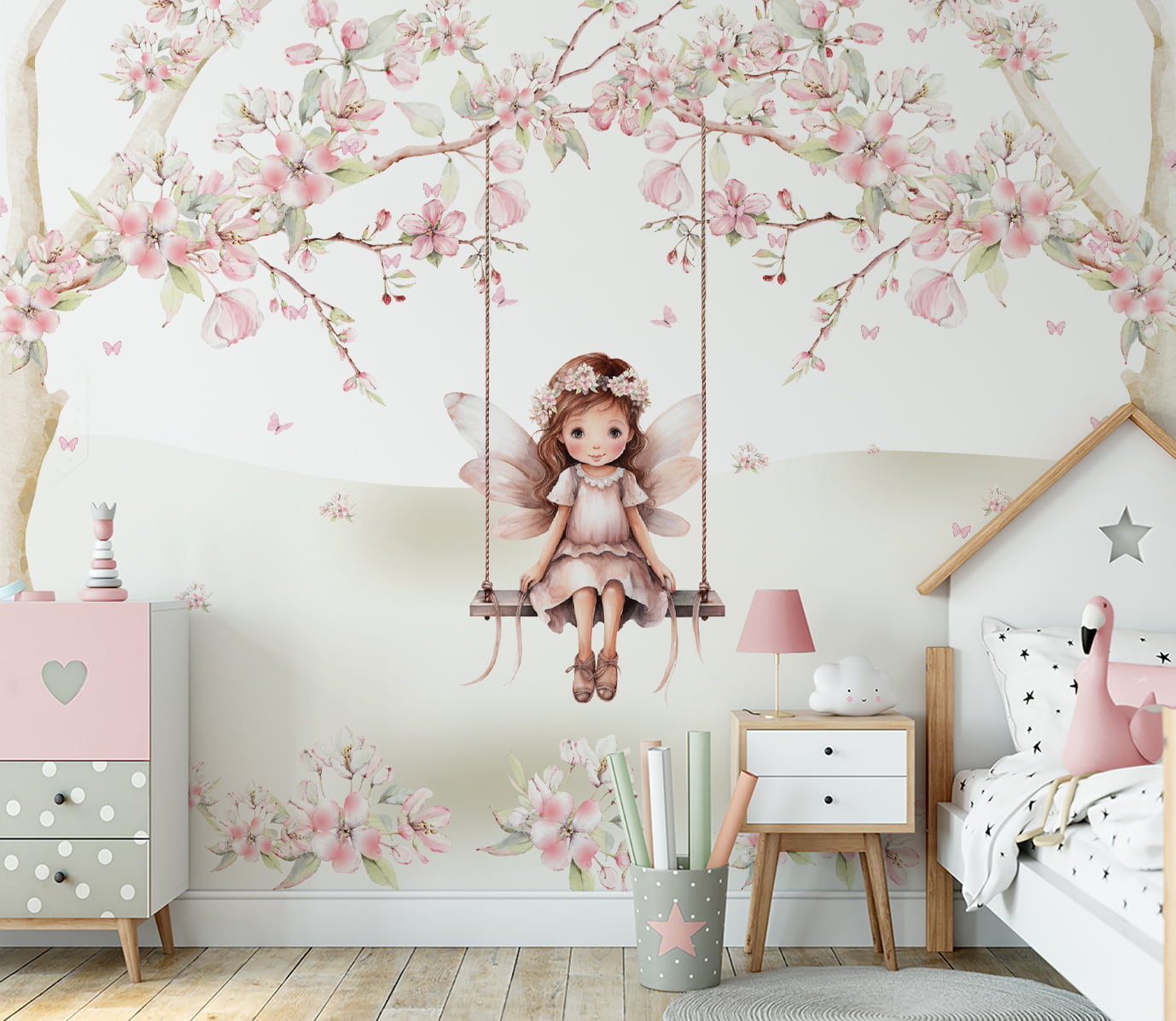 Papel De Parede Árvores Fada Balanço Floral Infantil - VR623