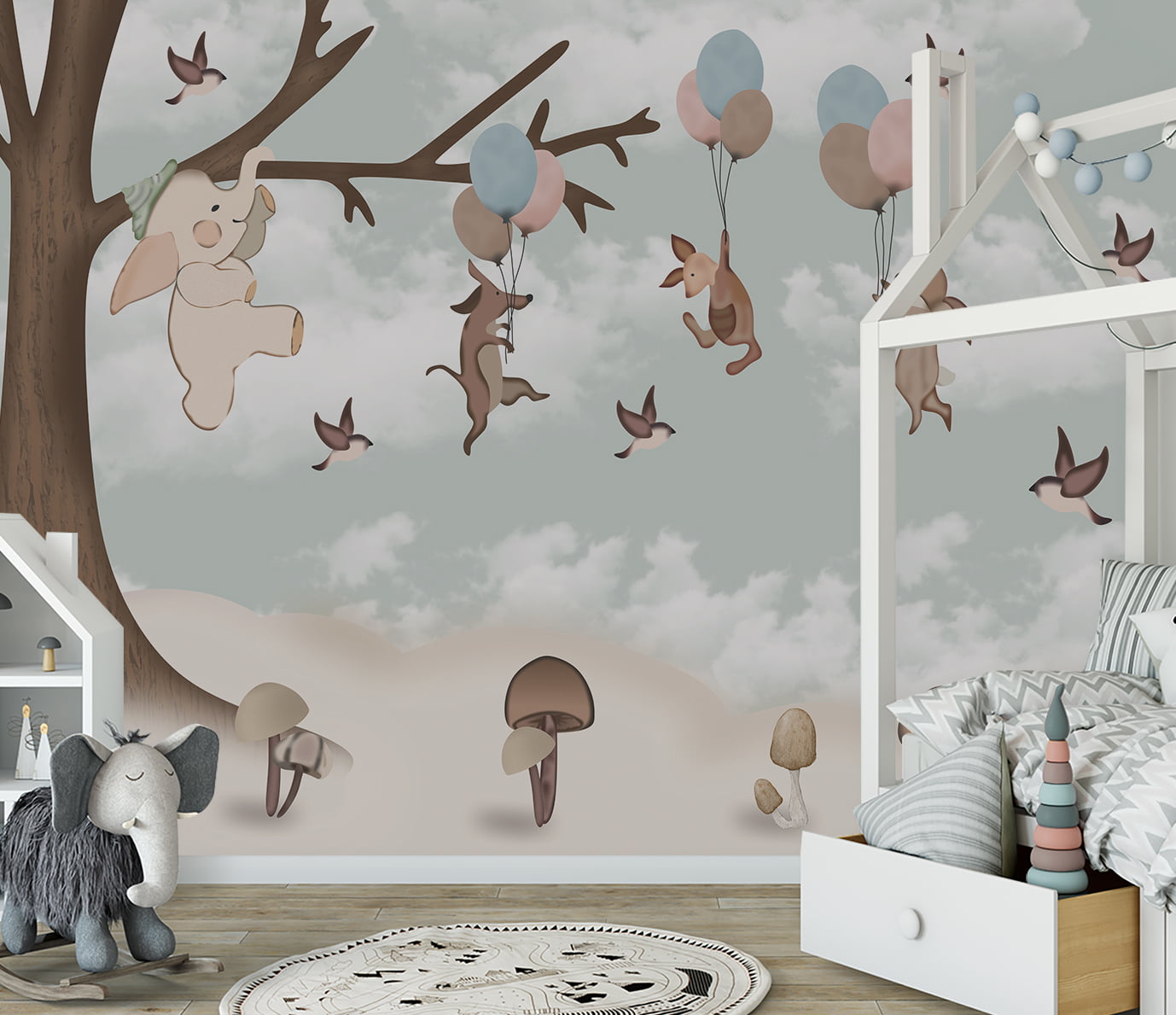 Papel de Parede autocolante quarto infantil árvore safari coelhinhos - VR658