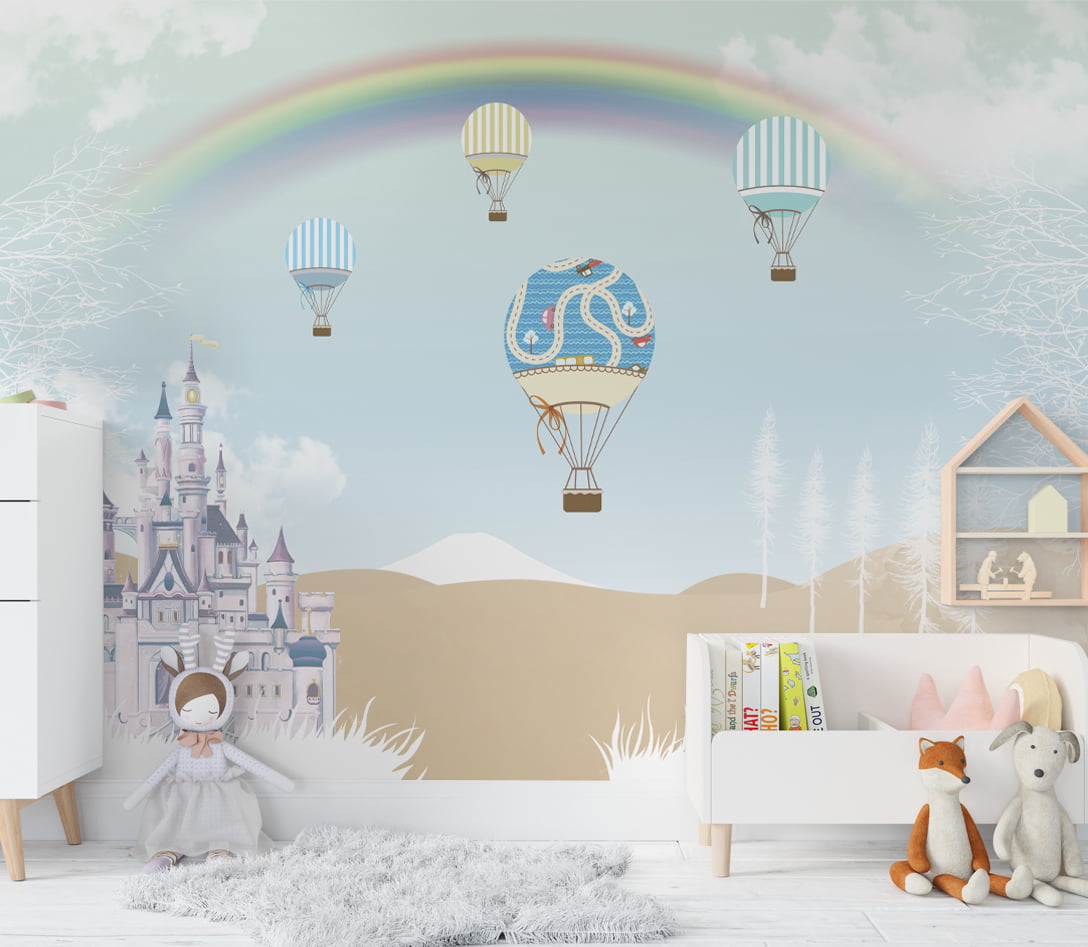 Papel de Parede autocolante quarto infantil balões coloridos arco-íris castelo - VR656