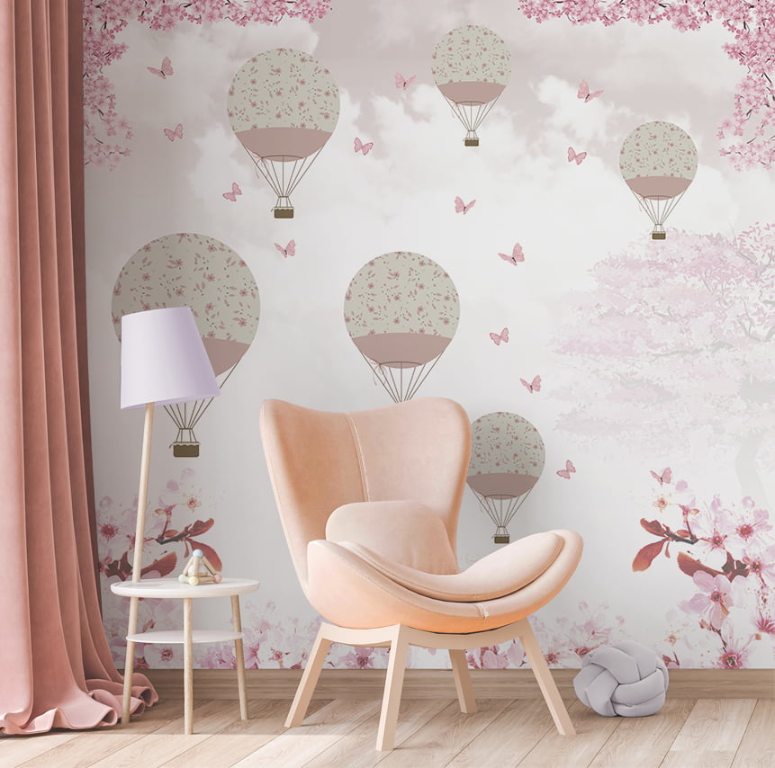 Papel de Parede autocolante quarto infantil balões floral rosa - VR659