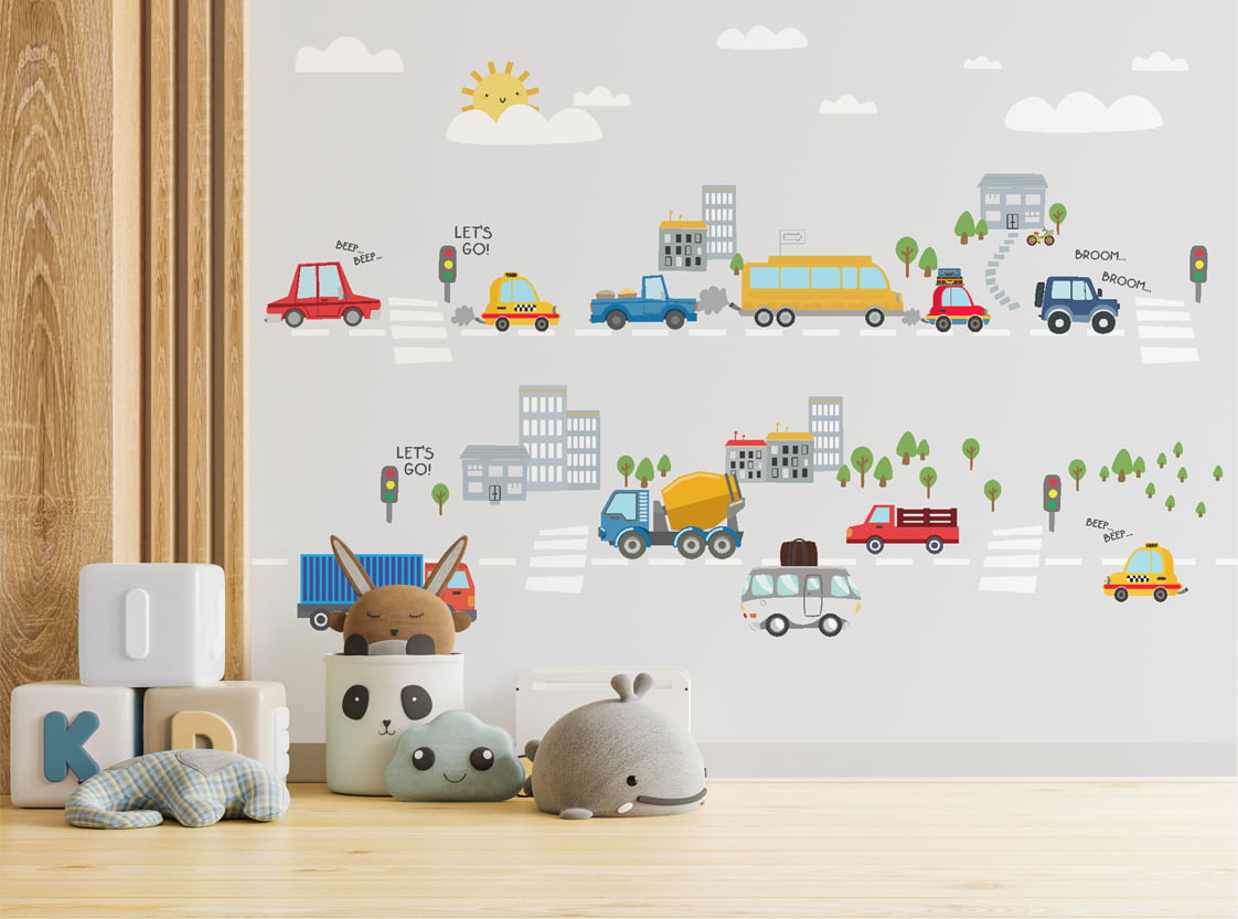 Papel de Parede carrinhos cidade infantil bebê  - VR697