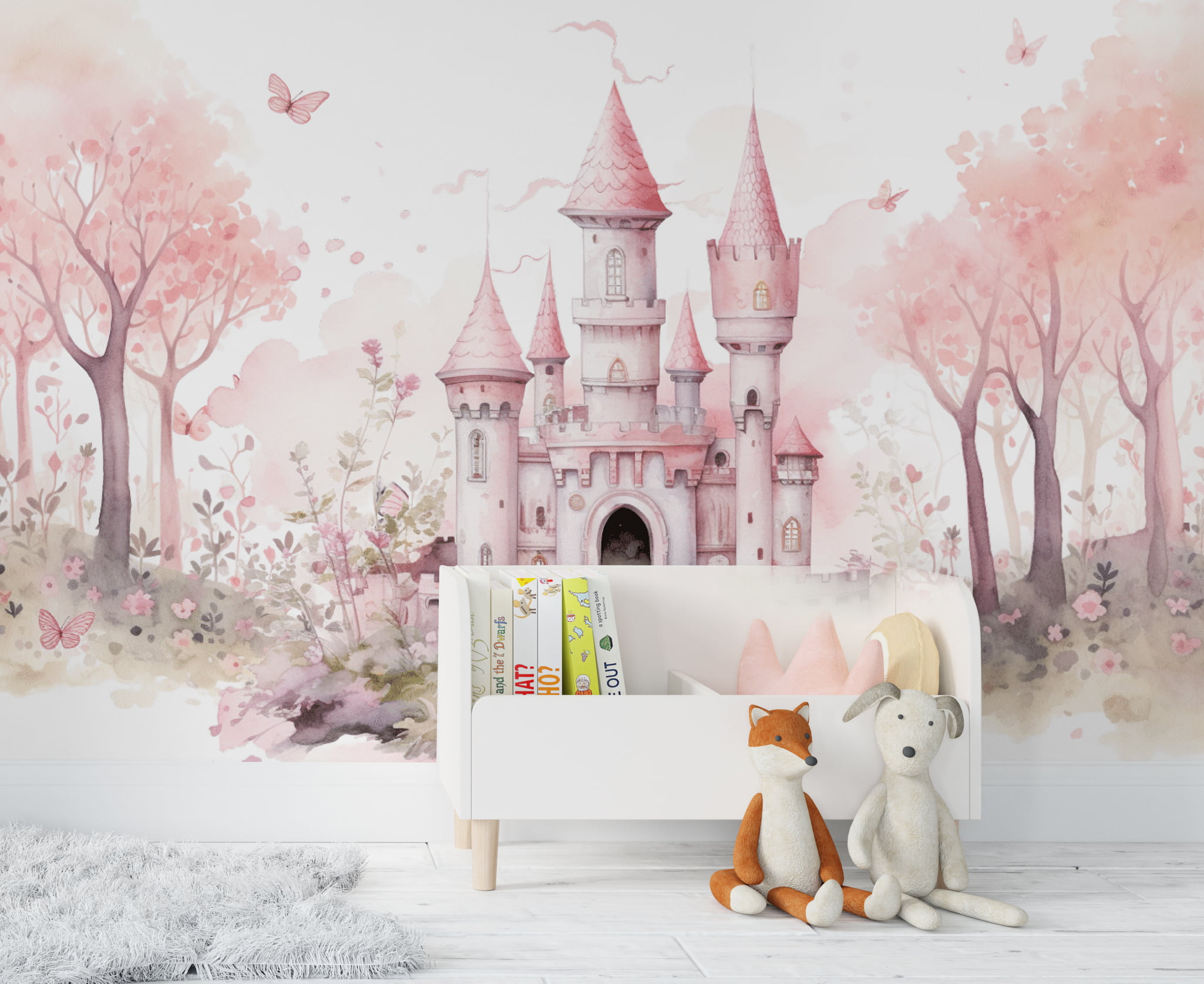 Papel De Parede Castelinho Árvore Floresta Floral Rosa Bebê Infantil VR624