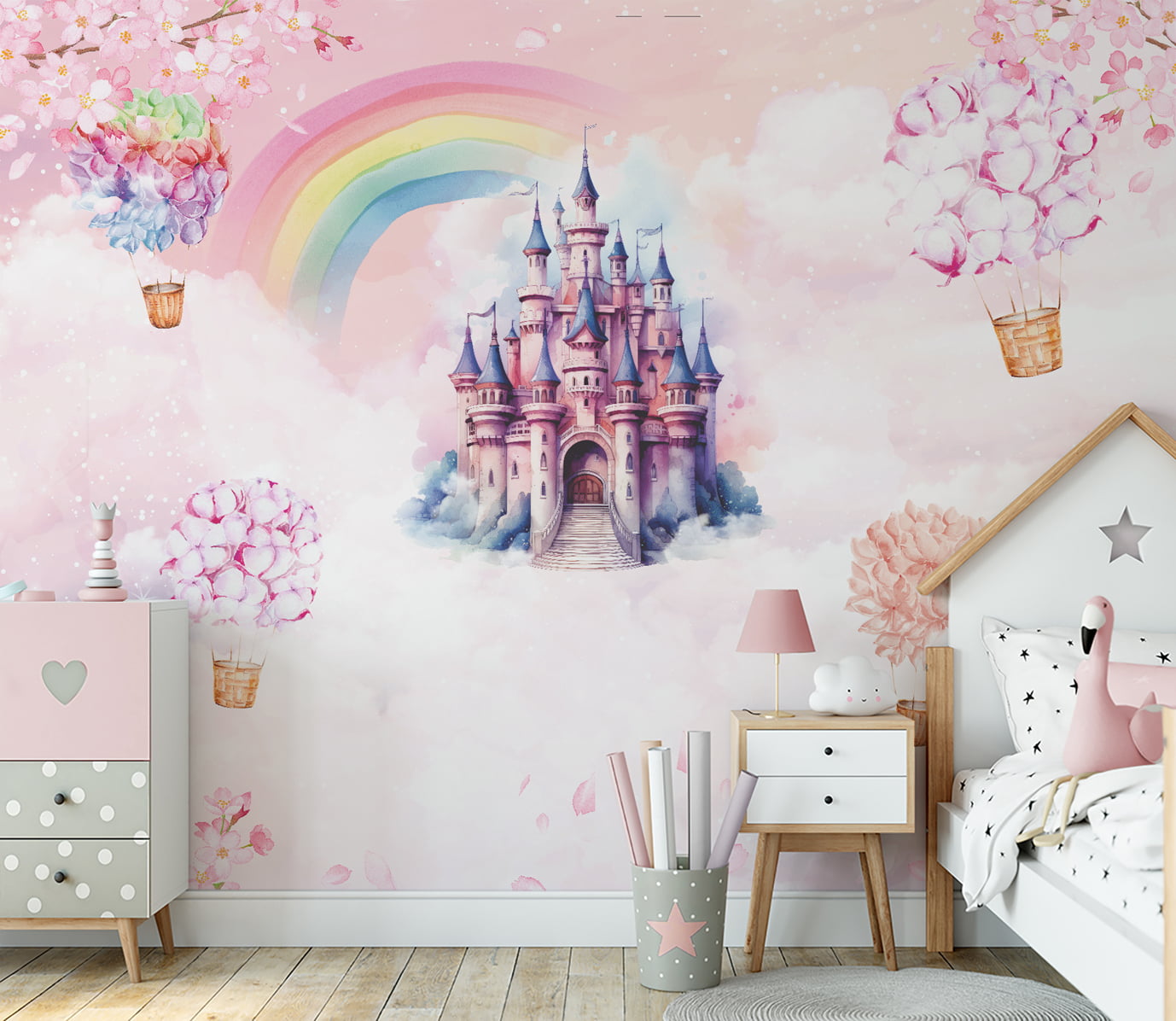 Papel de Parede Castelinho balões flores arco-íris Feminino Rosa - VR700