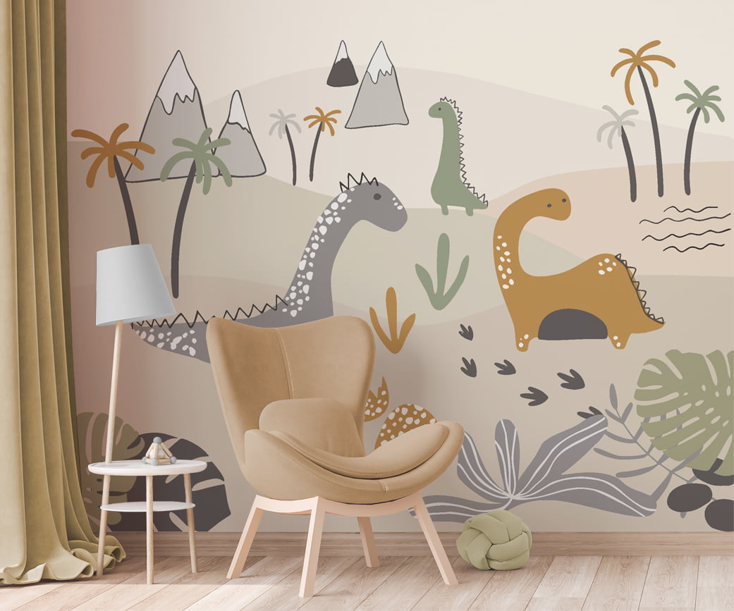 Papel De Parede Dinossauro Floresta Montanhas Árvores Infantil Bebê VR637