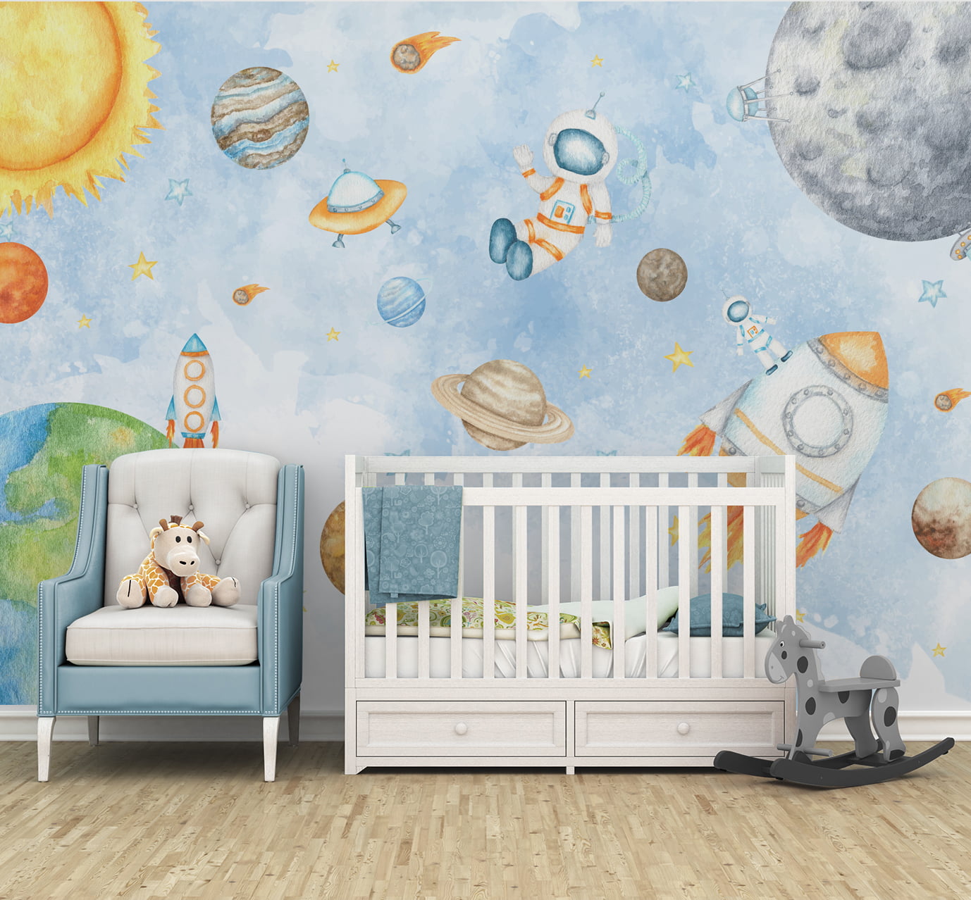 Papel De Parede Espaço Sideral Astronauta Planetas Quarto Bebê Infantil - VR598