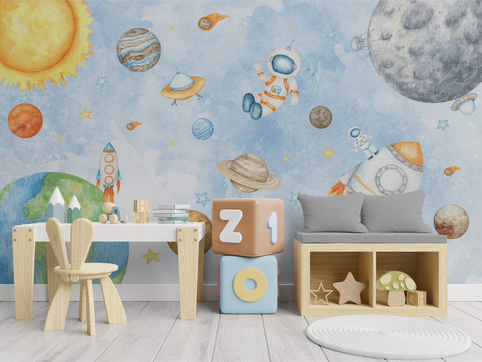 Papel De Parede Espaço Sideral Astronauta Planetas Quarto Bebê Infantil - VR598