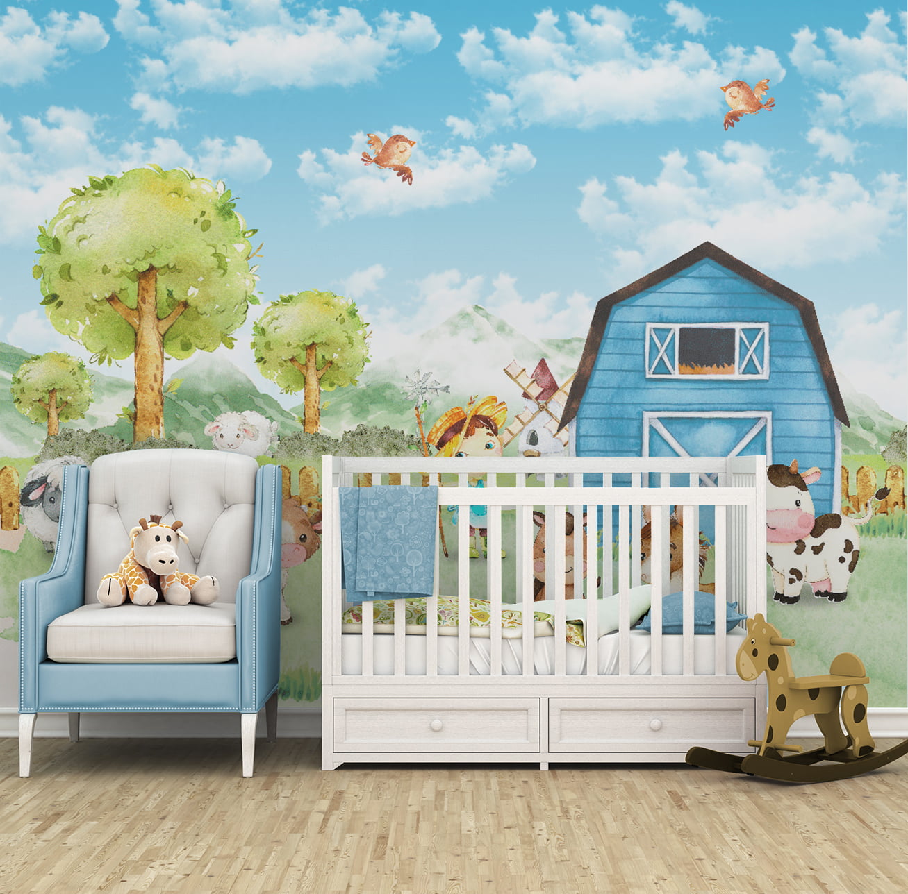 Papel de Parede Fazenda azul animais floresta verde infantil bebê  - VR695