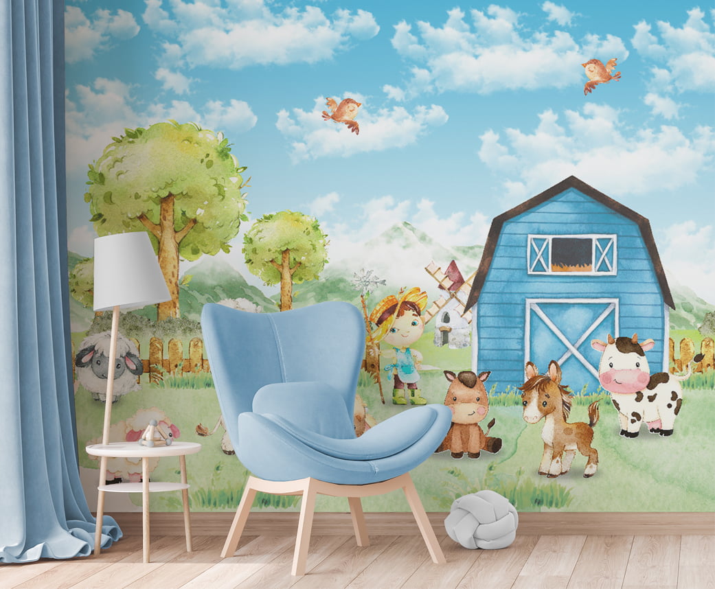 Papel de Parede Fazenda azul animais floresta verde infantil bebê  - VR695