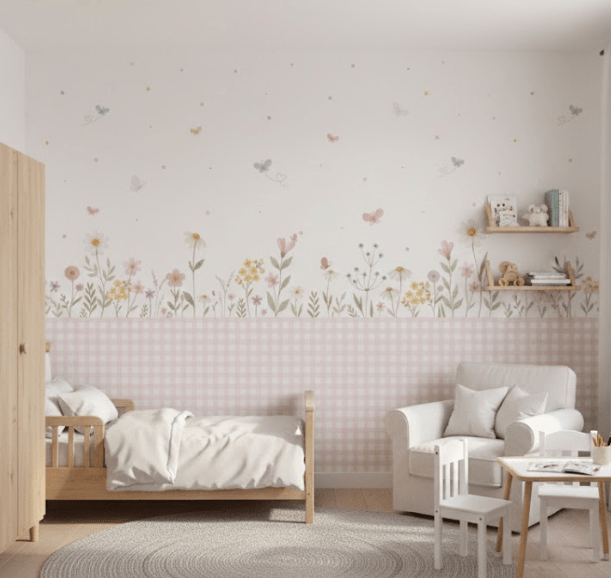 PAPEL DE PAREDE INFATIL FLORAL COM RIPADO VR758