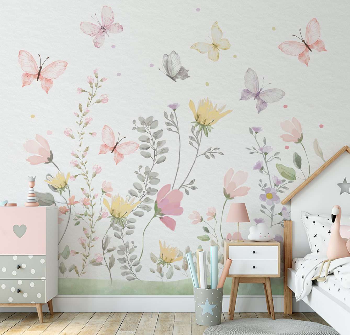 Papel De Parede Floral Jardim Borboletas