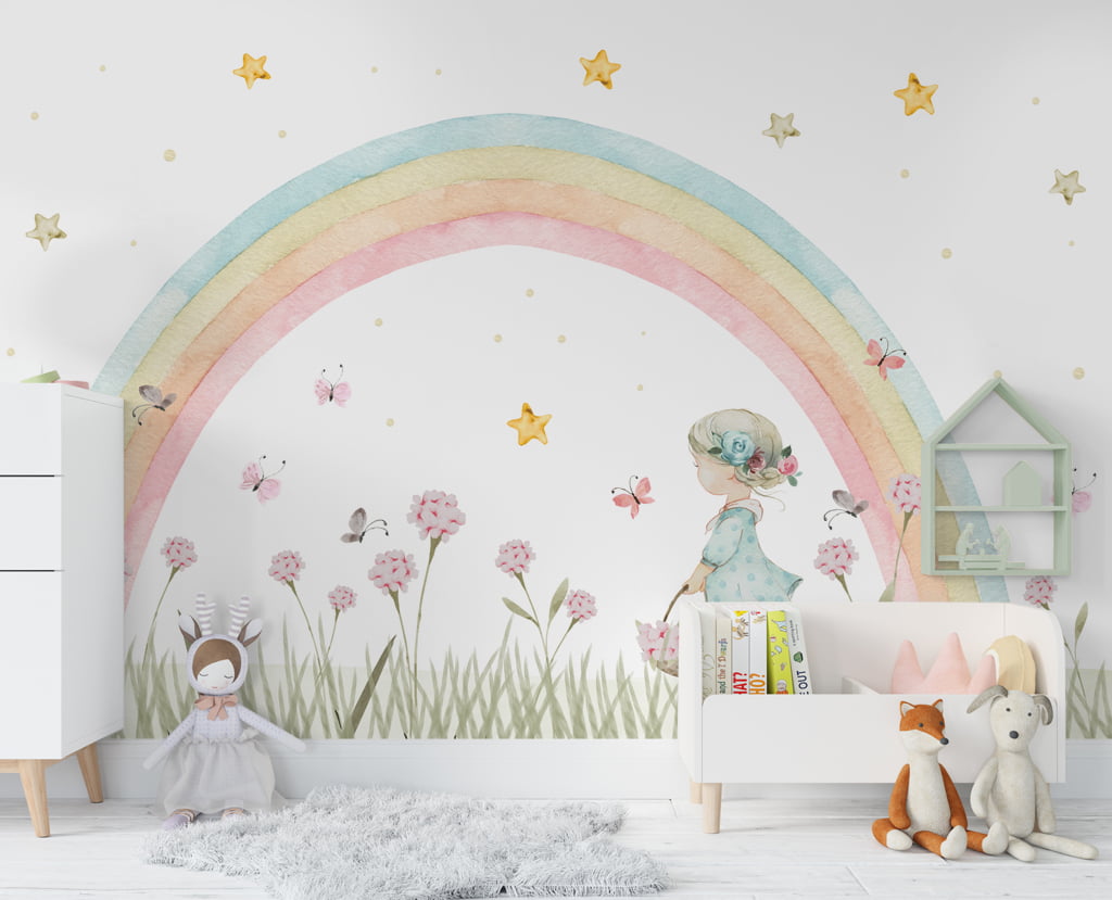 Papel De Parede Floral Menina Cesto De Flores Rosa Estrelas Arco-íris VR563