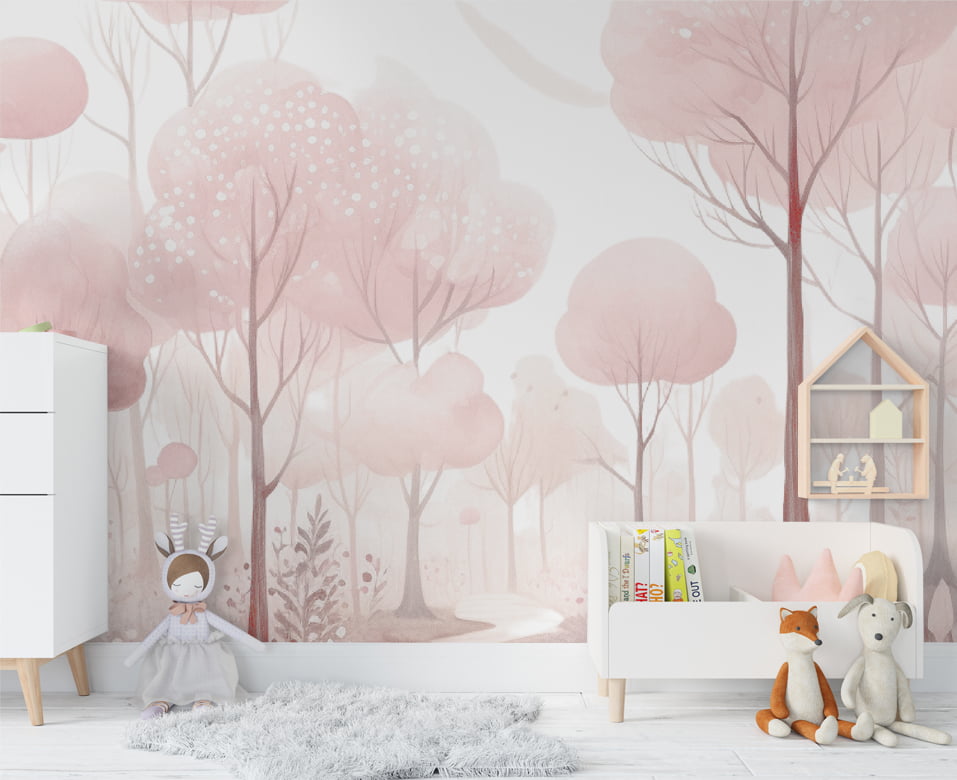 Papel De Parede Floresta Árvores Rosa Infantil Bebê - VR628