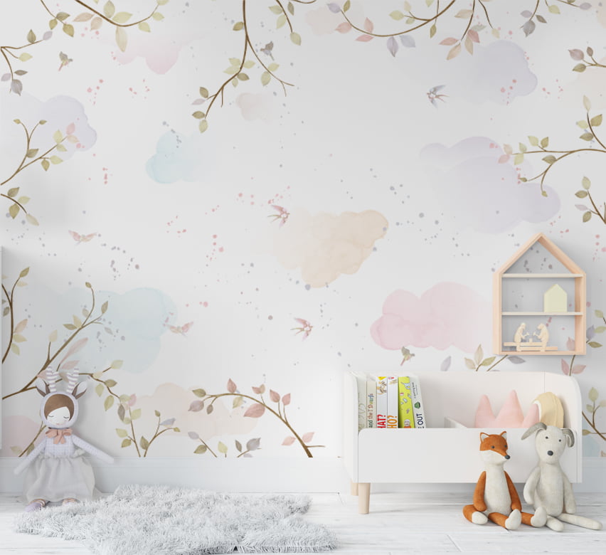 Papel De Parede Folhagens Pássaros Coloridos Infantil - VR597