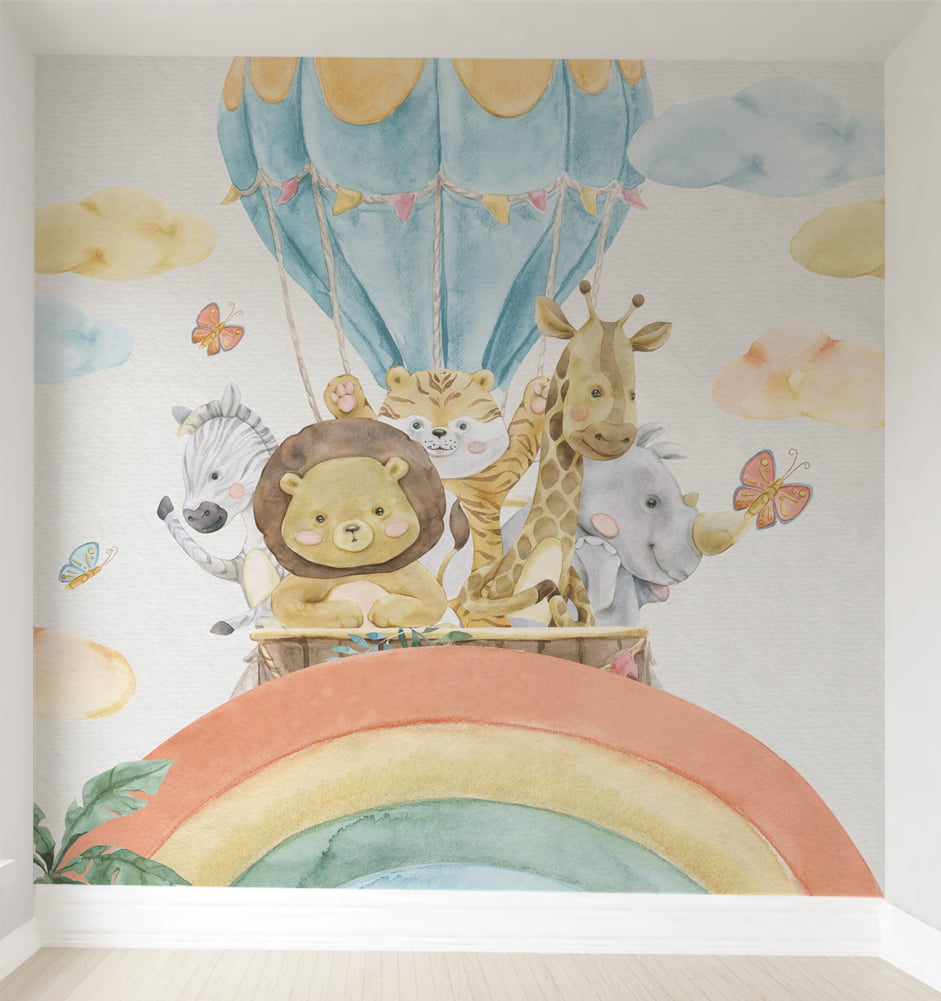 Papel de Parede Infantil Animais Safári Balão