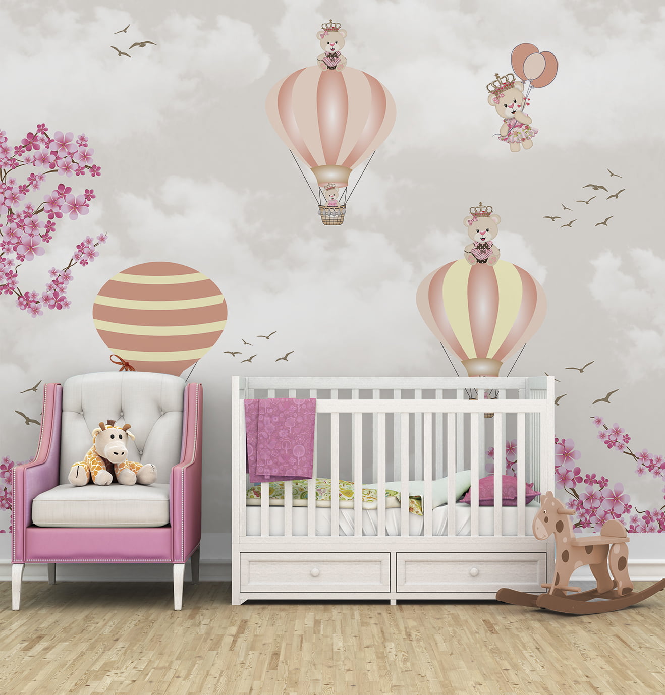 Papel de Parede infantil balões ursinho princesa floral - VR684