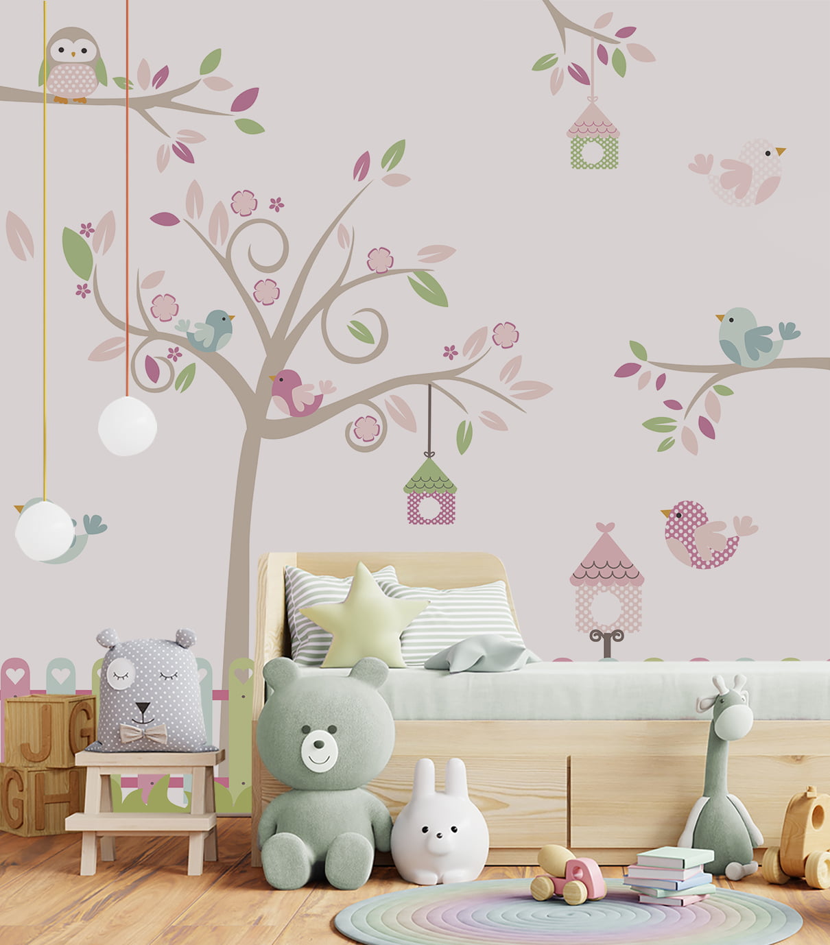 Papel de Parede infantil bebê árvore floral passarinhos colorido - VR682