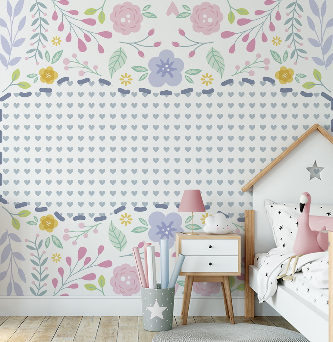 Papel de Parede infantil bebê floral jardim flores coloridas corações - VR681