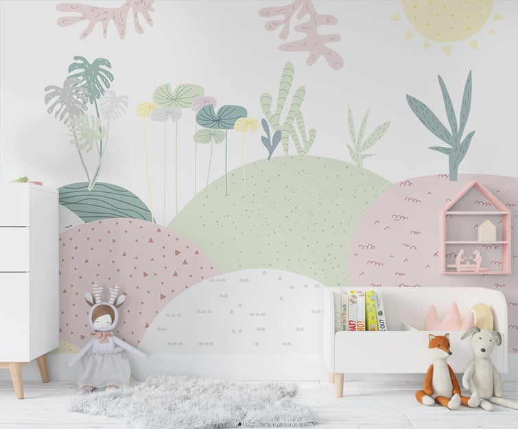 Papel de Parede infantil campo floresta colorida folhagens - VR688