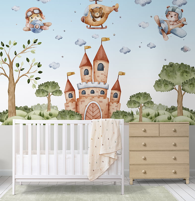 Papel de Parede Infantil Castelo Ursinho Aviador Helicóptero