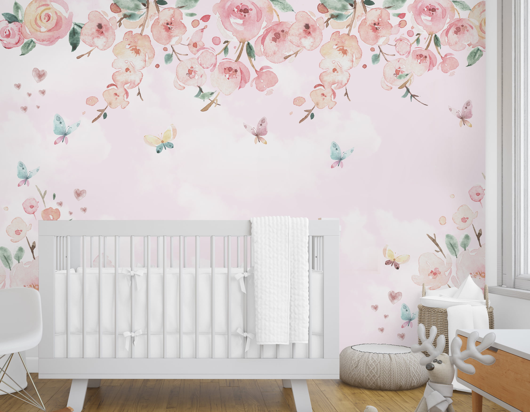 Papel de Parede Infantil Floral com Borboletas