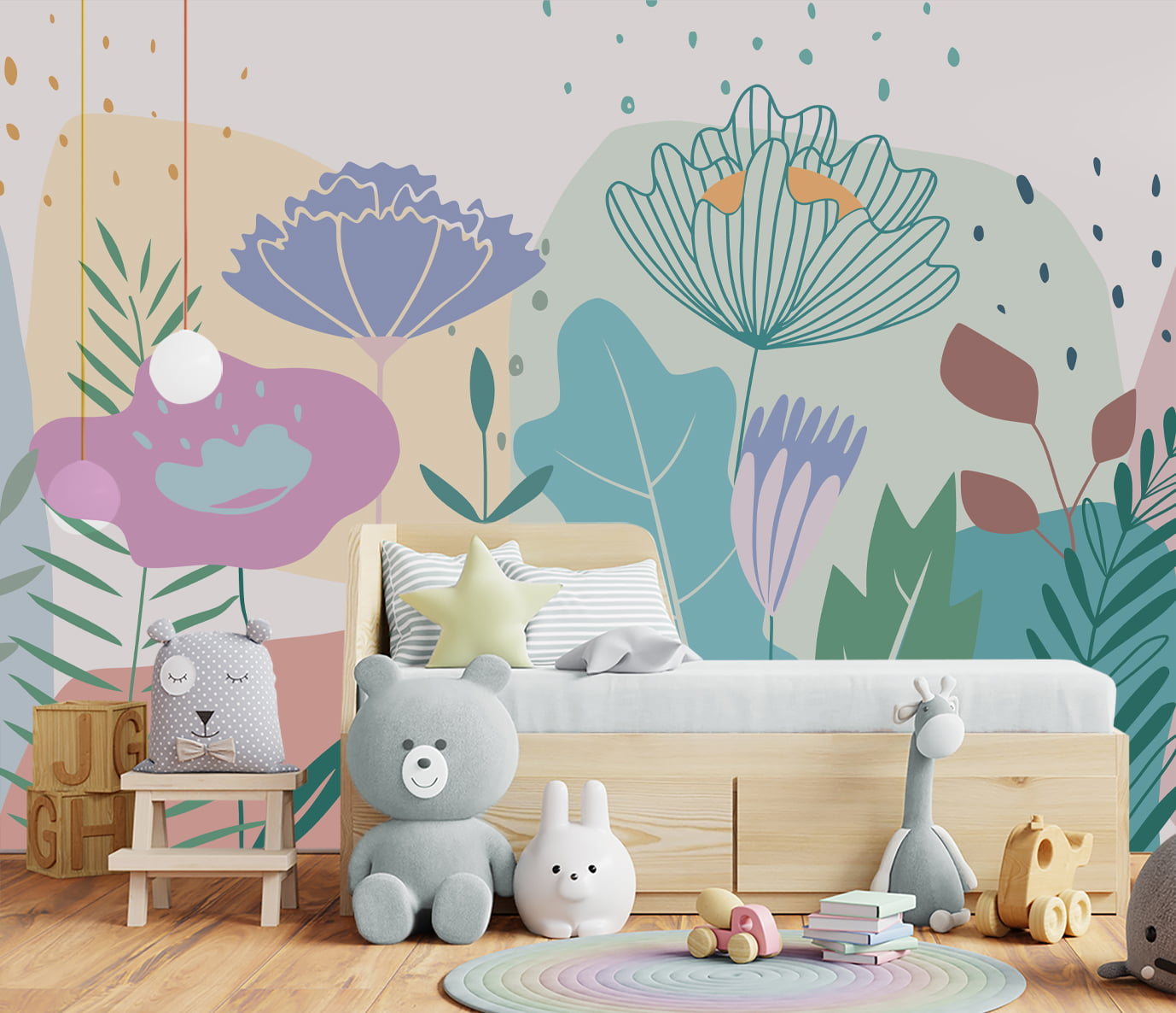 Papel de Parede Infantil jardim floral folagens coloridas - VR653