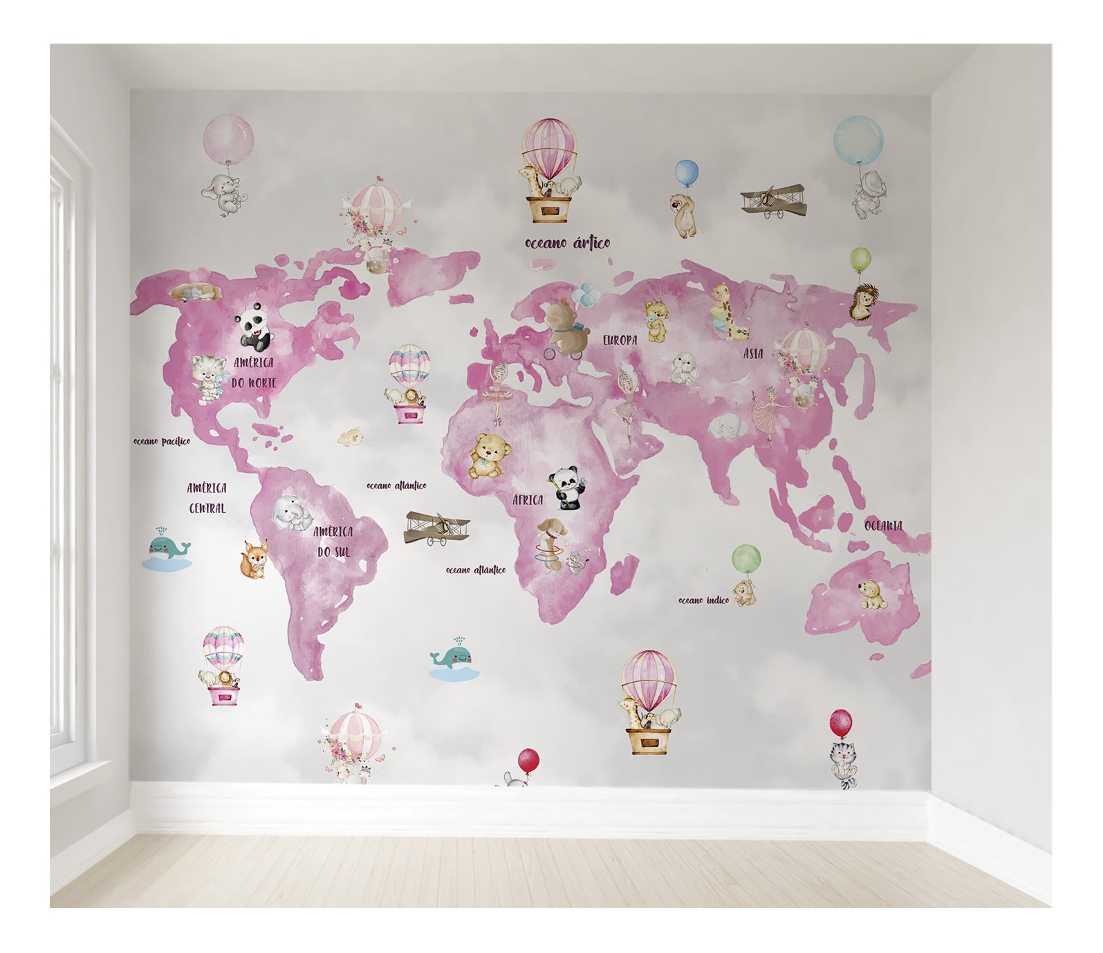 Papel de Parede Mapa Mundi Rosa