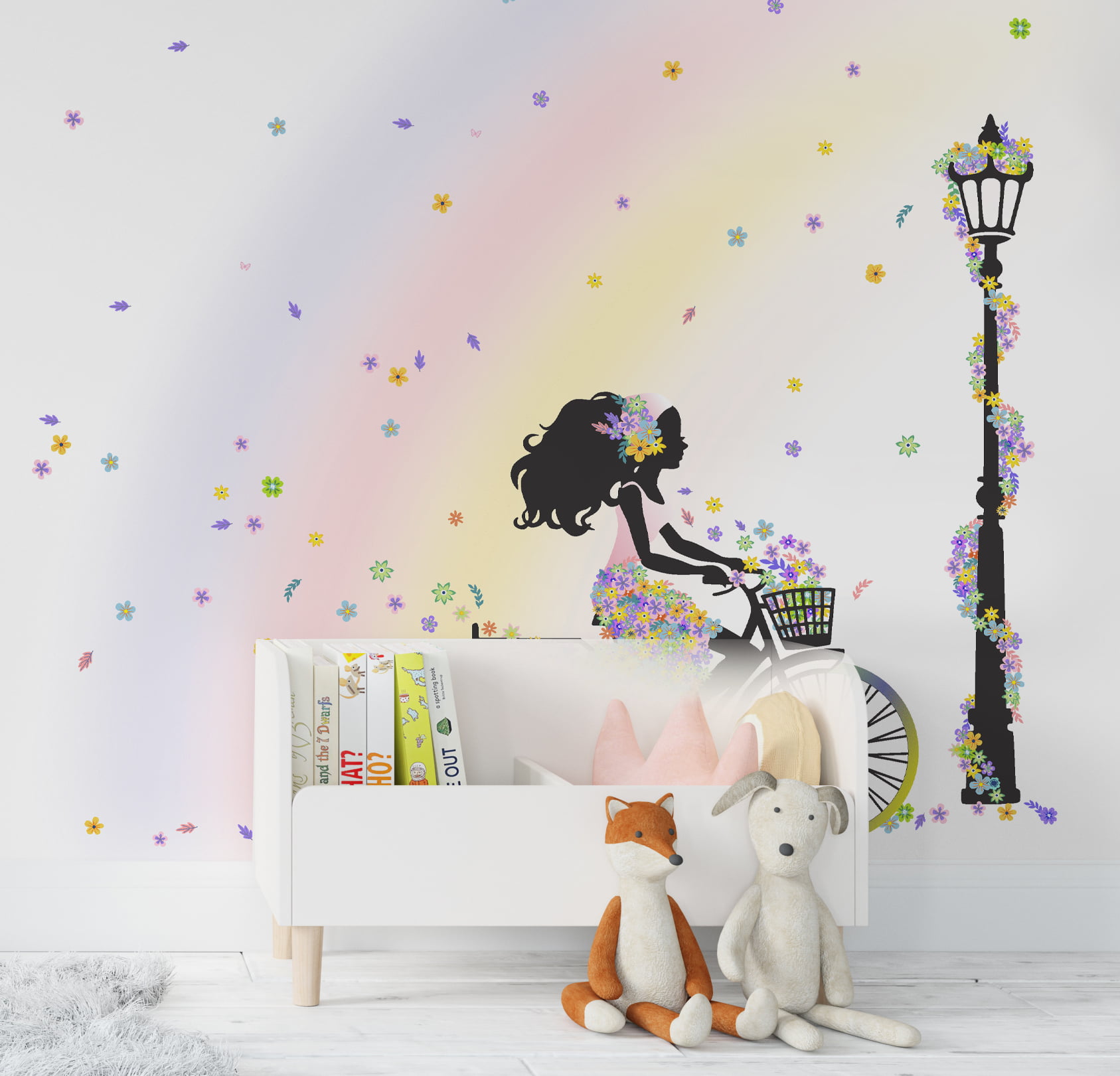 Papel de Parede Infantil Menina na Bicicleta Floral arco-íris - VR589