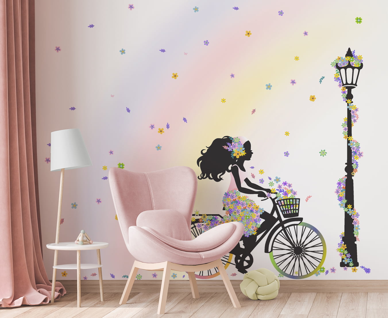 Papel de Parede Infantil Menina na Bicicleta Floral arco-íris - VR589