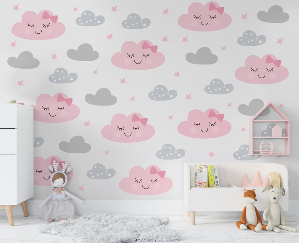 Papel de Parede Infantil nuvens coloridas rosa feminino - VR651