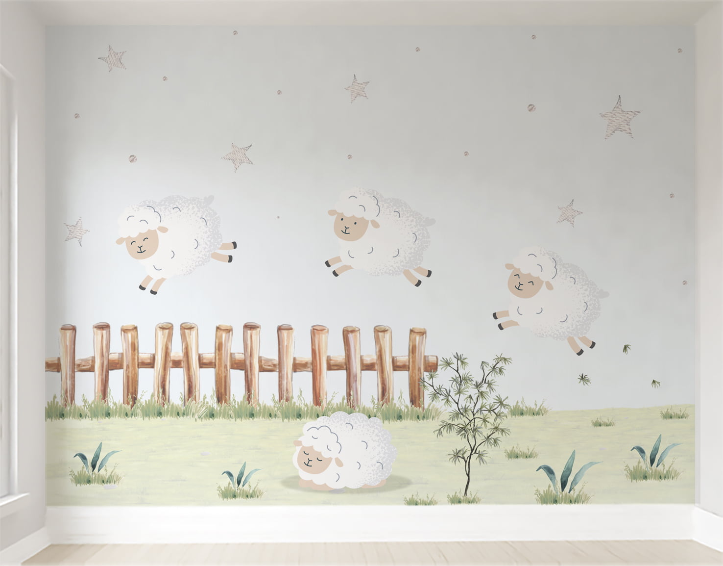 Papel De Parede Ovelha Estrelas Quarto Infantil Bebê VR564