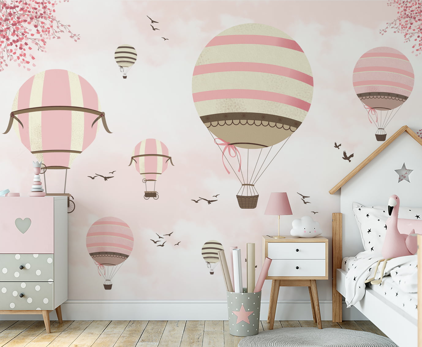 Papel de Parede infantil quarto balões rosa floral - VR673