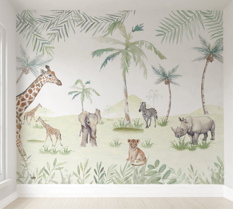 Papel de Parede Infantil Safari Floresta Animais Coqueiro