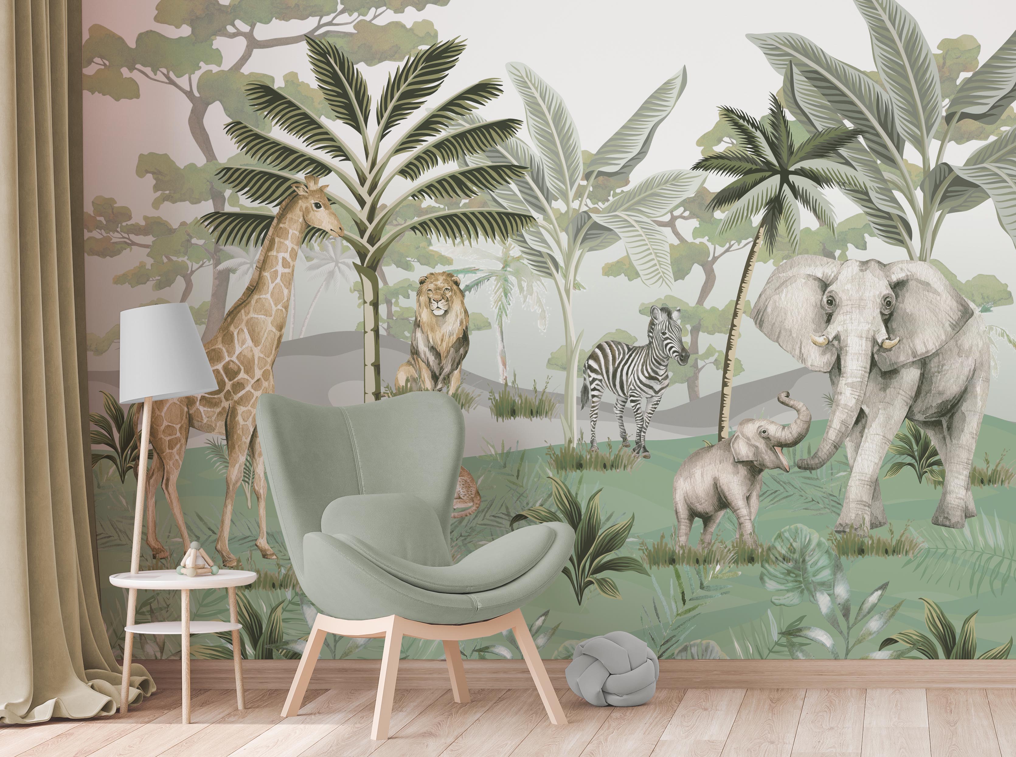 Papel de Parede Infantil Safari Folhagem Elefante Girafa Leão Zebra Animais - VR582