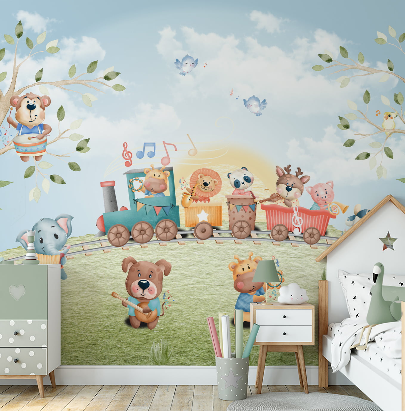 Papel De Parede Safari Trenzinho Quarto Infantil Bebê VR592