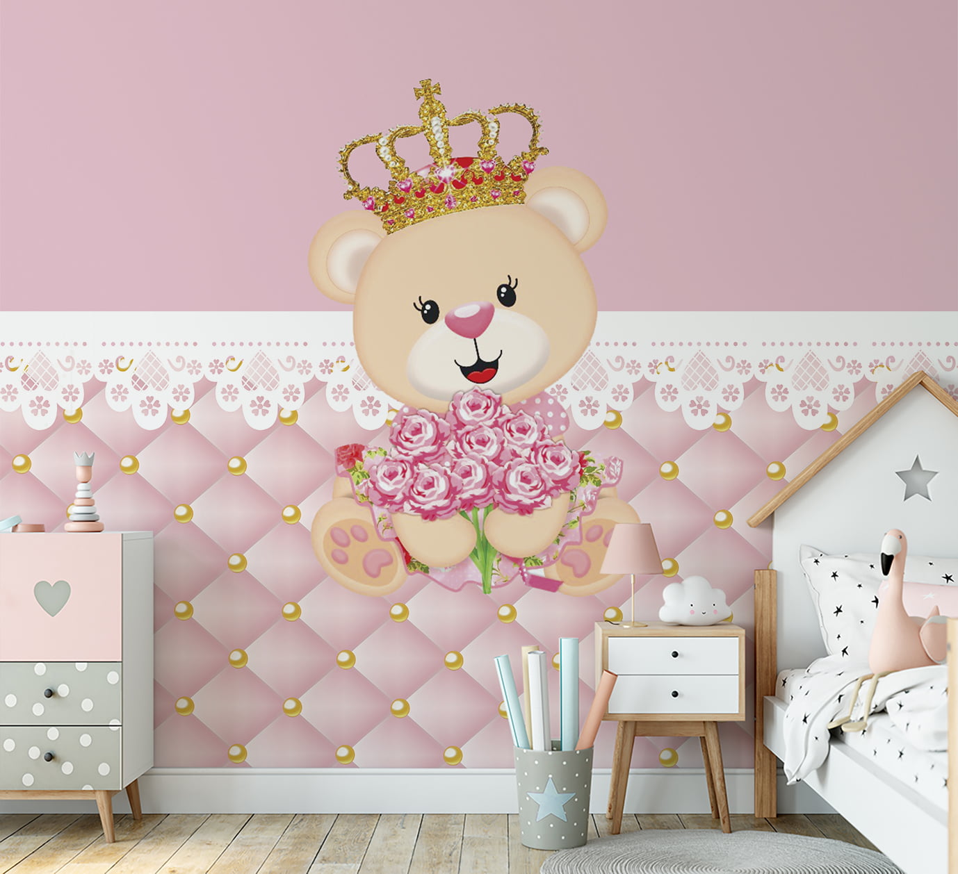 Papel de parede infantil Ursinha Princesa com Flores