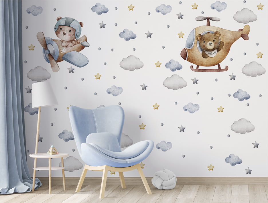 Papel de Parede infantil ursinhos pilotos estrelas - VR686