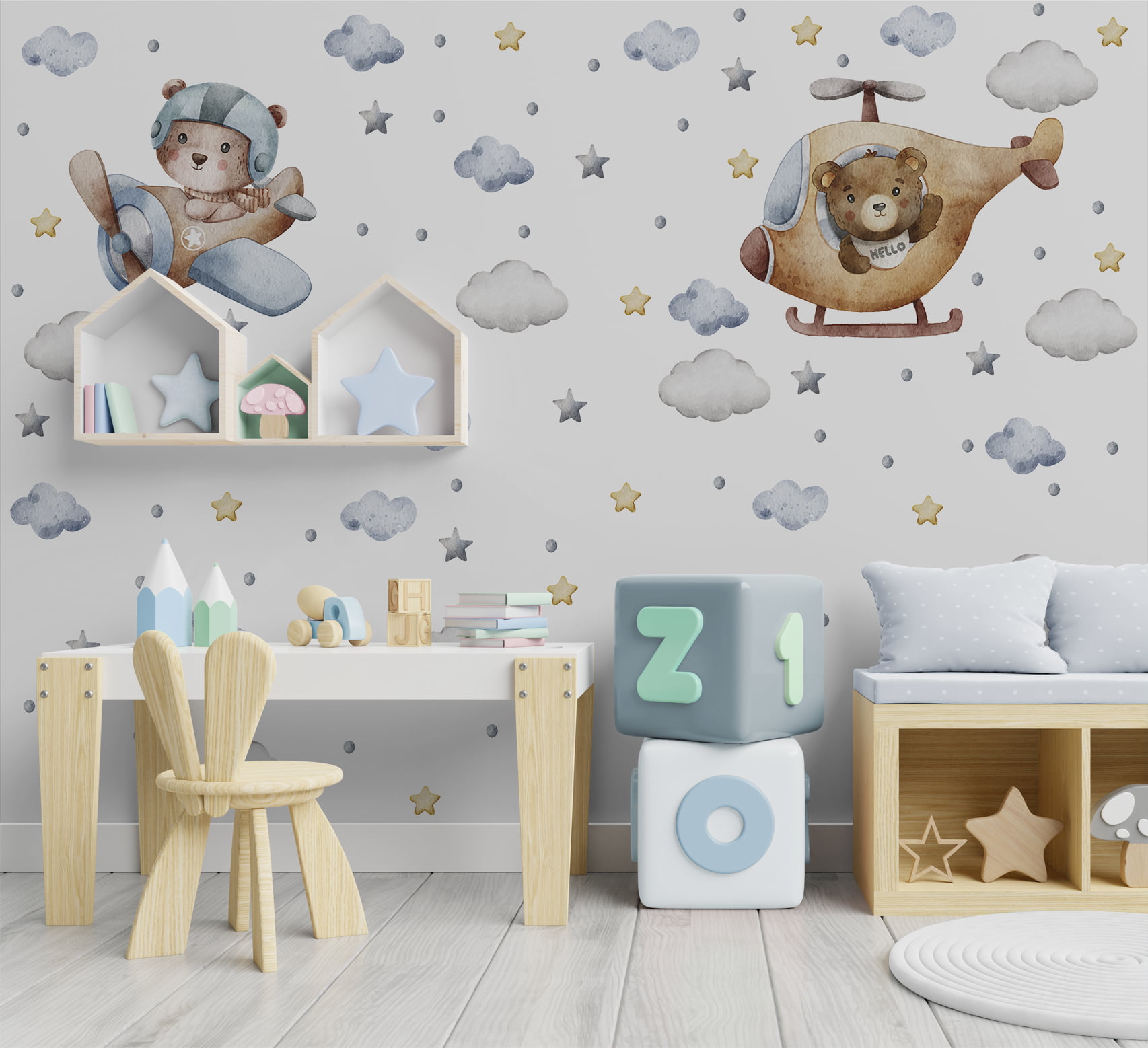 Papel de Parede infantil ursinhos pilotos estrelas - VR686