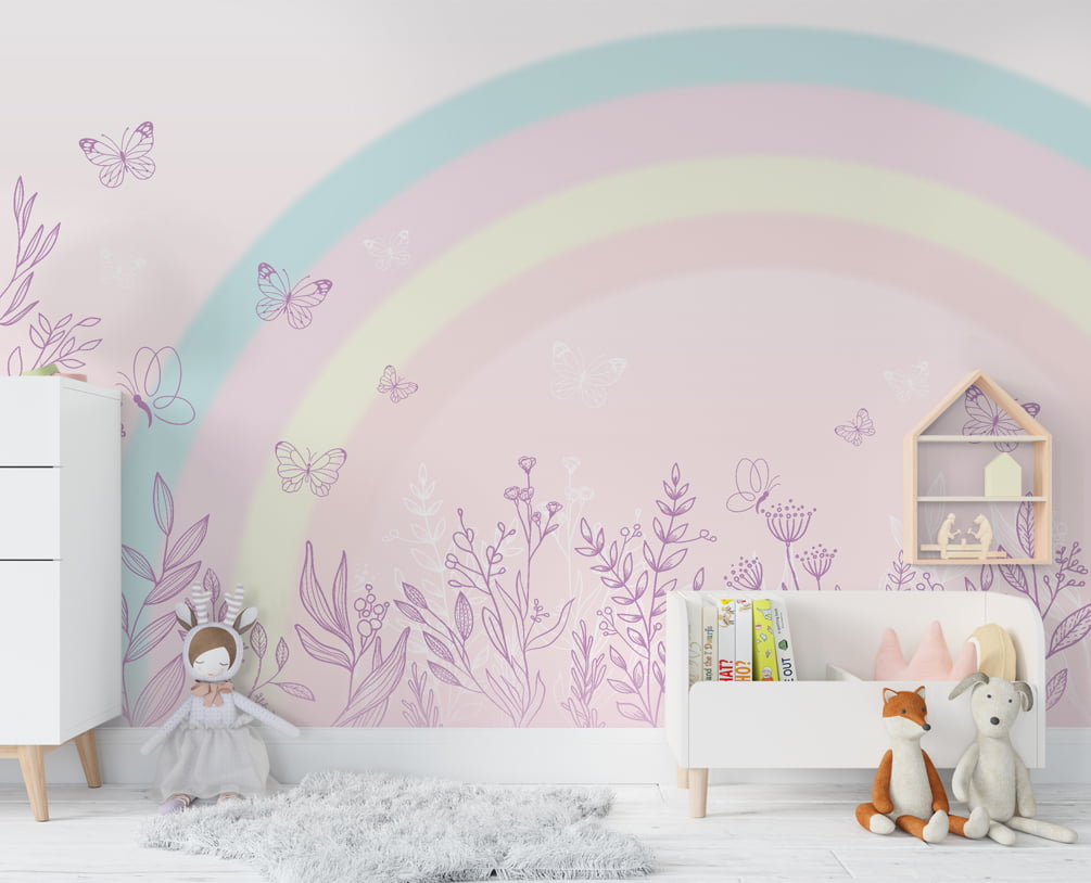 Papel De Parede Jardim Floral Borboletinhas Arco-íris Infantil - VR631