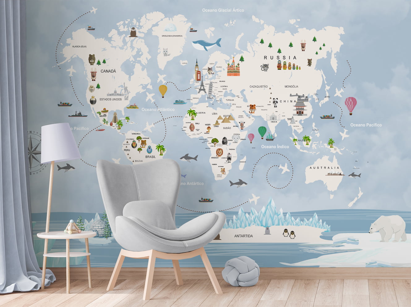 Papel de Parede Mapa Mundial Azul Gelo Infantil bebê - VR703