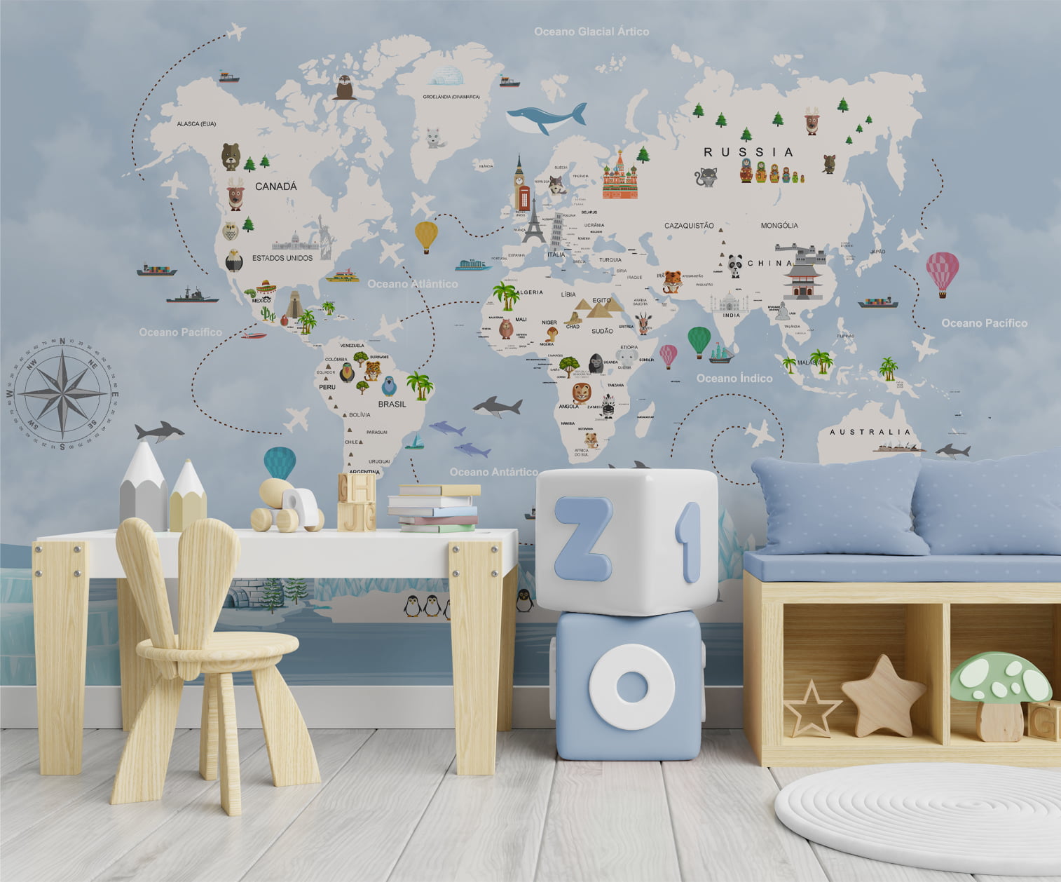 Papel de Parede Mapa Mundial Azul Gelo Infantil bebê - VR703