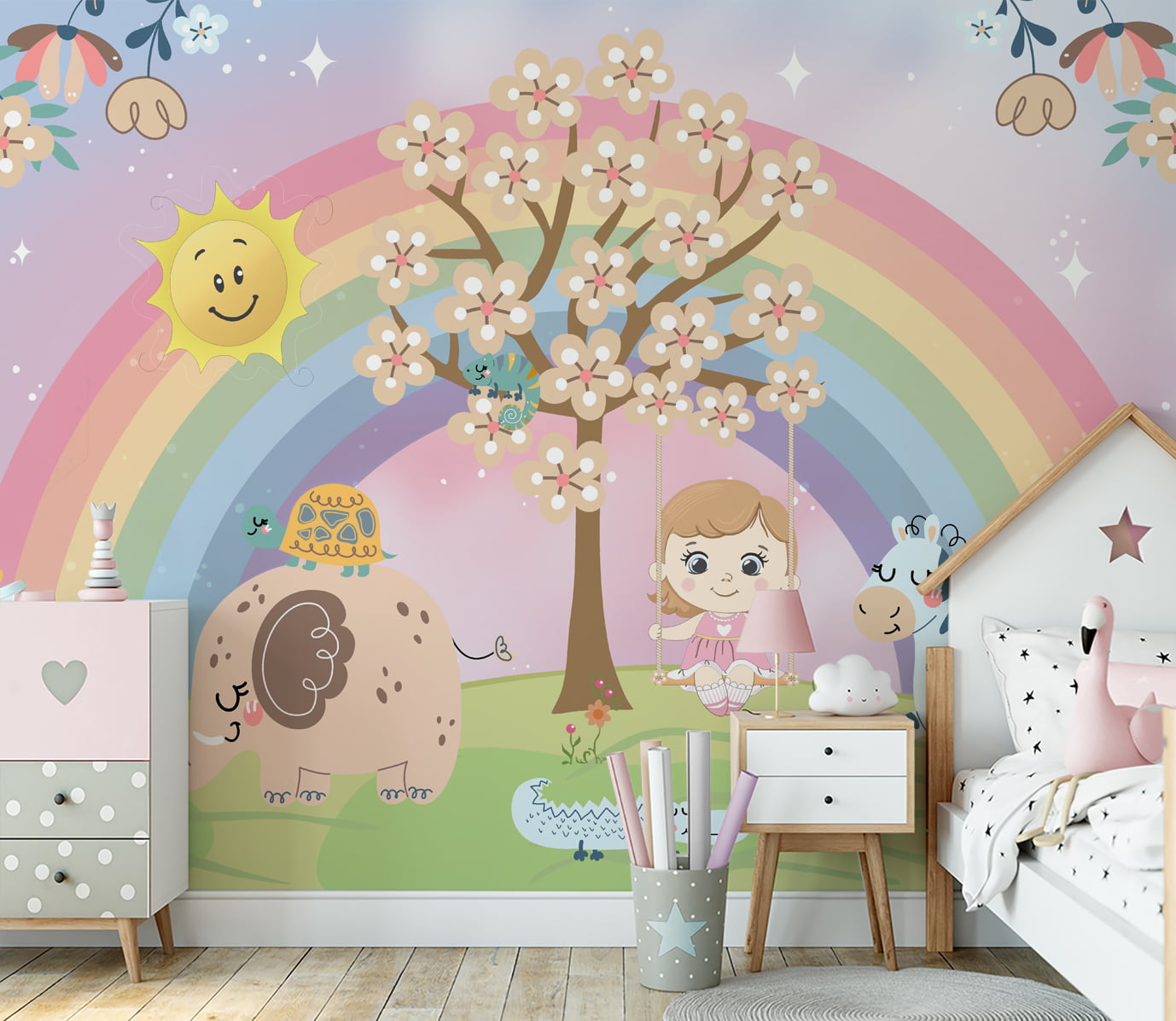 Papel De Parede Menina no balanço Arco-íris Floral Safari Infantil Bebê VR577