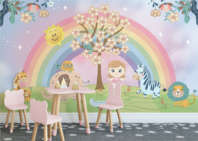 Papel De Parede Menina no balanço Arco-íris Floral Safari Infantil Bebê VR577