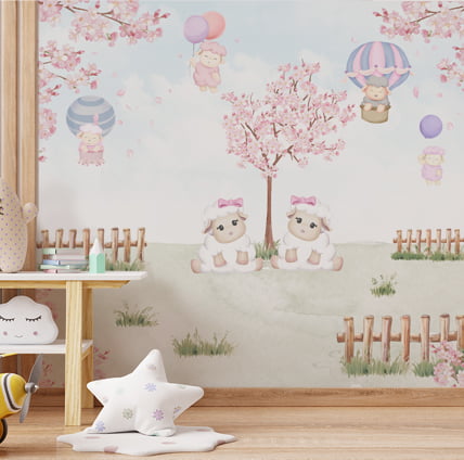 Papel De Parede Ovelhinhas Menina Rosa Para Bebê Infantil VR504
