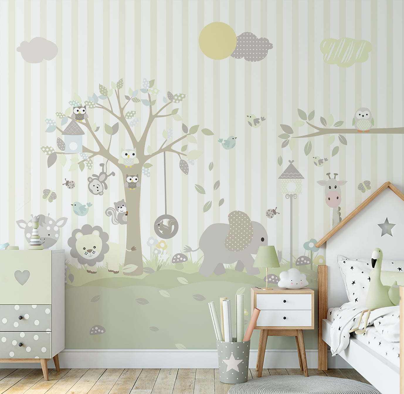 Papel de Parede quarto de bebê animais safari árvore floresta - VR660