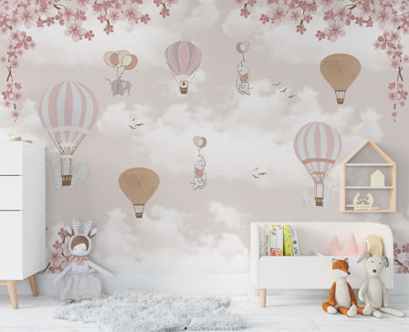 Papel de Parede quarto de bebê floral balões elefantes infantil - VR668