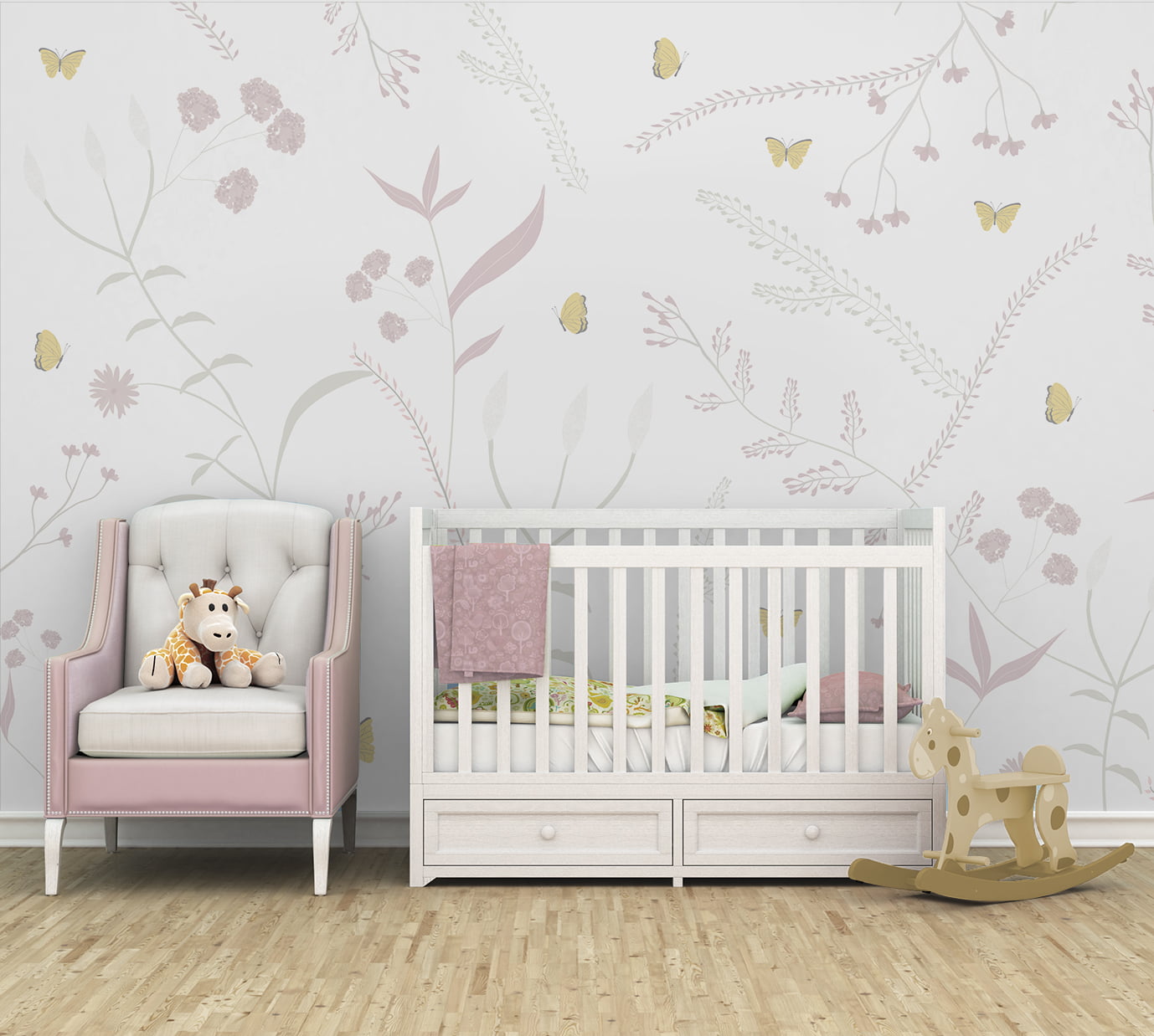 Papel de Parede quarto de bebê floral jardim flores borboletinhas infantil - VR661