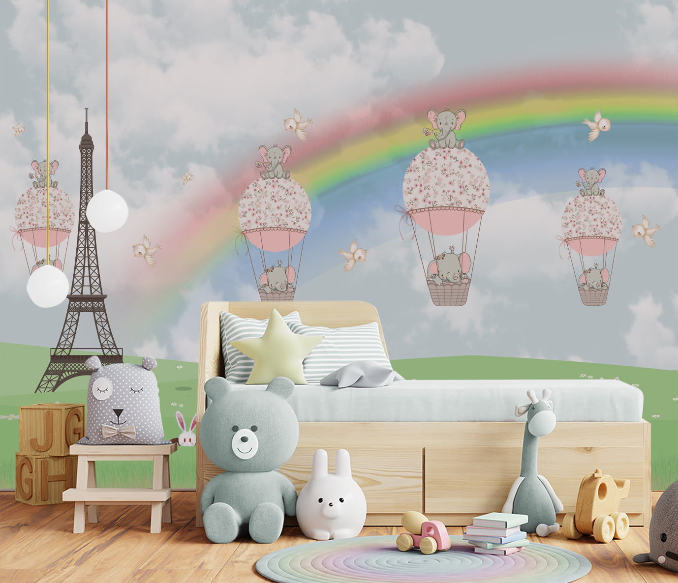 Papel de Parede quarto infantil animais campo torre arco-íris balões - VR676